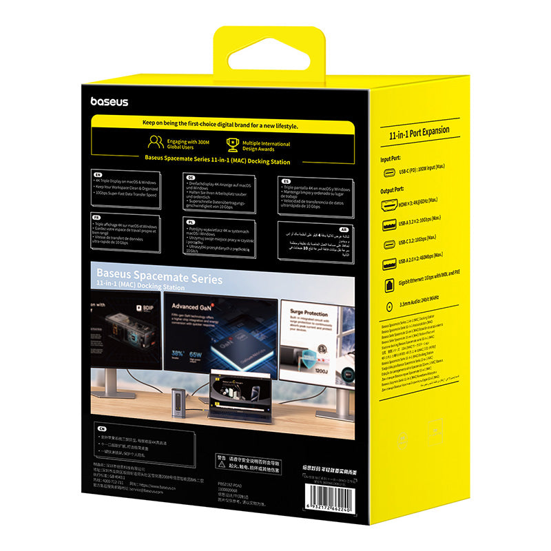 Dokovací stanice 11v1 Baseus Spacemate 100W 2xUSB-C, 4xUSB, 3xHDMI, 1xRJ45, 3,5mm jack šedá
