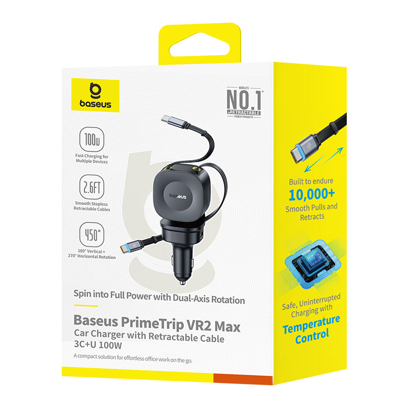Zatahovací Nabíječka do auta Baseus PrimeTrip VR2 Max 100W s navíjecími kabely 2x USB-C, 1xUSB-C, 1x USB