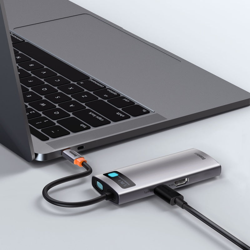 Dokovací stanice 5v1 Baseus Metal Gleam 100W 1xUSB-C, 3xUSB, 1xHDMI šedá