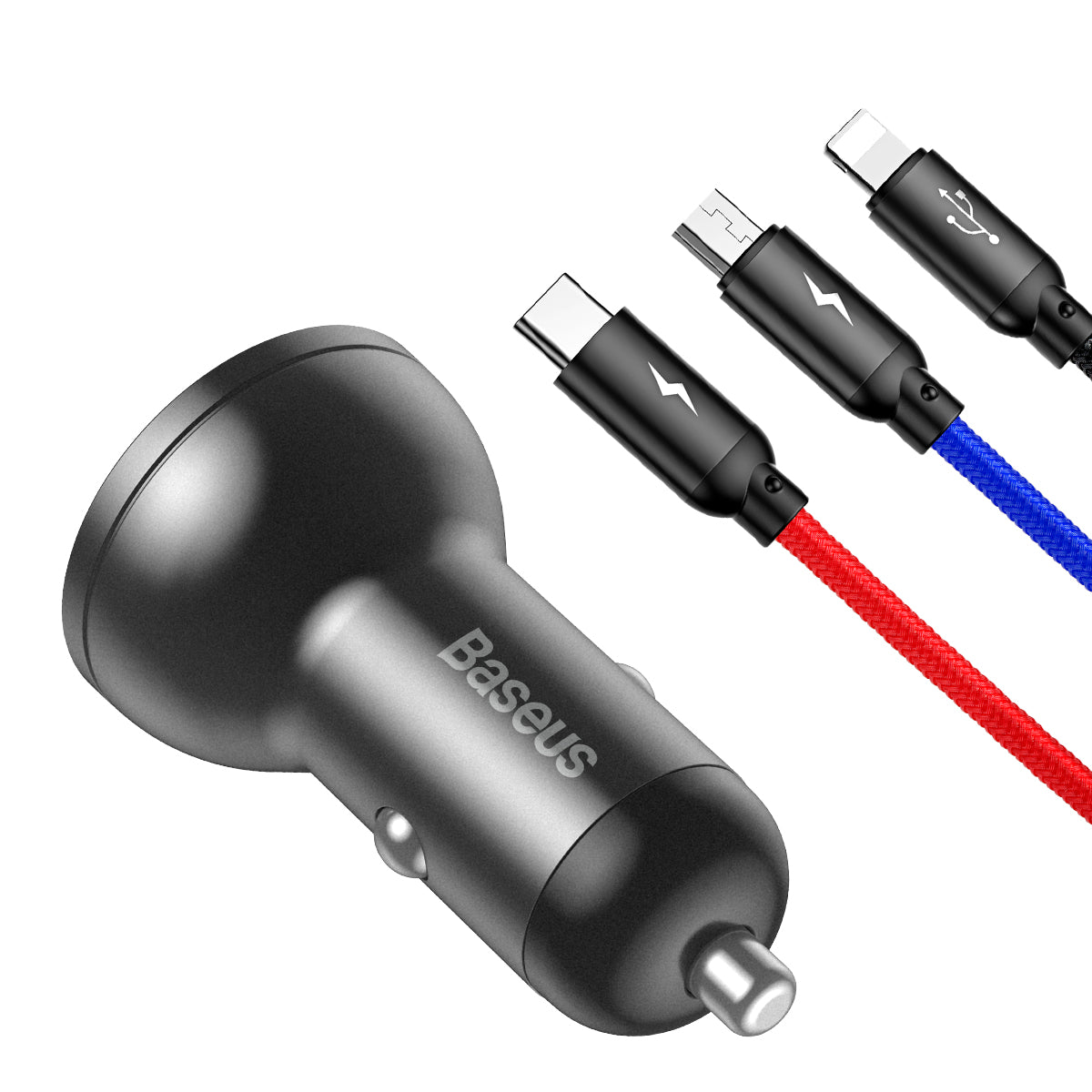 Nabíječka do auta Baseus s kabelem 3v1(microUSB/USB-C/Lightning) 24W 2xUSB černá