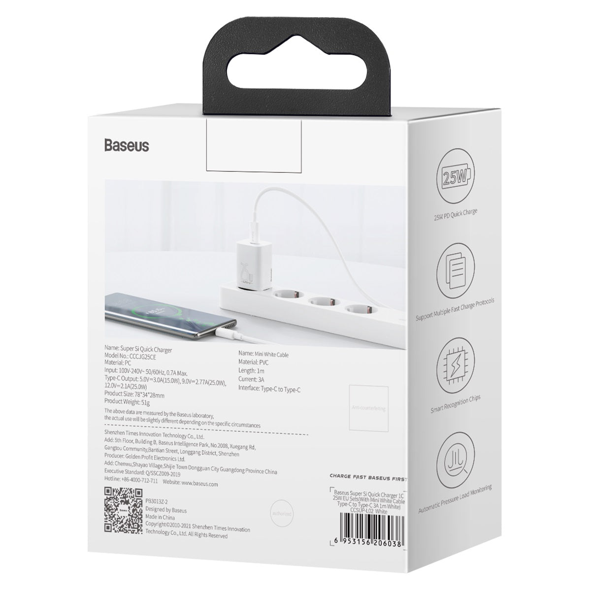 Nabíječka do sítě Baseus Super Si 25W s kabelem USB-C/USB-C 1m, 1xUSB-C bílá