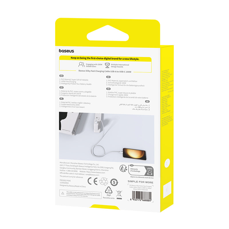 Kabel Baseus Silky USB/USB-C 1m 100W bílý