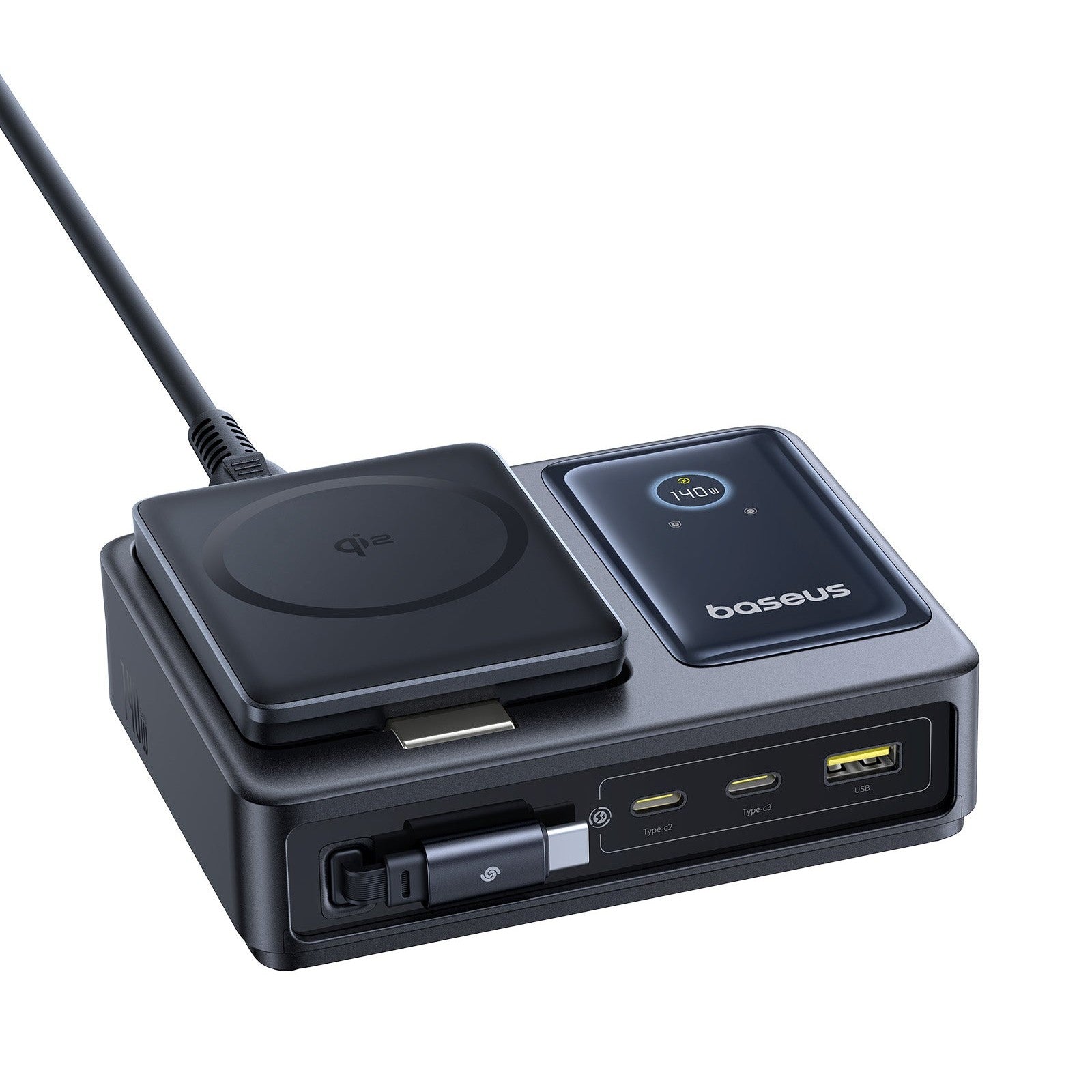 Bezdrátová nabíječka Baseus Nomos Qi2 140W USB, 2xUSB-C, s navíjecím kab. USB-C/síťový kab. 1m černá