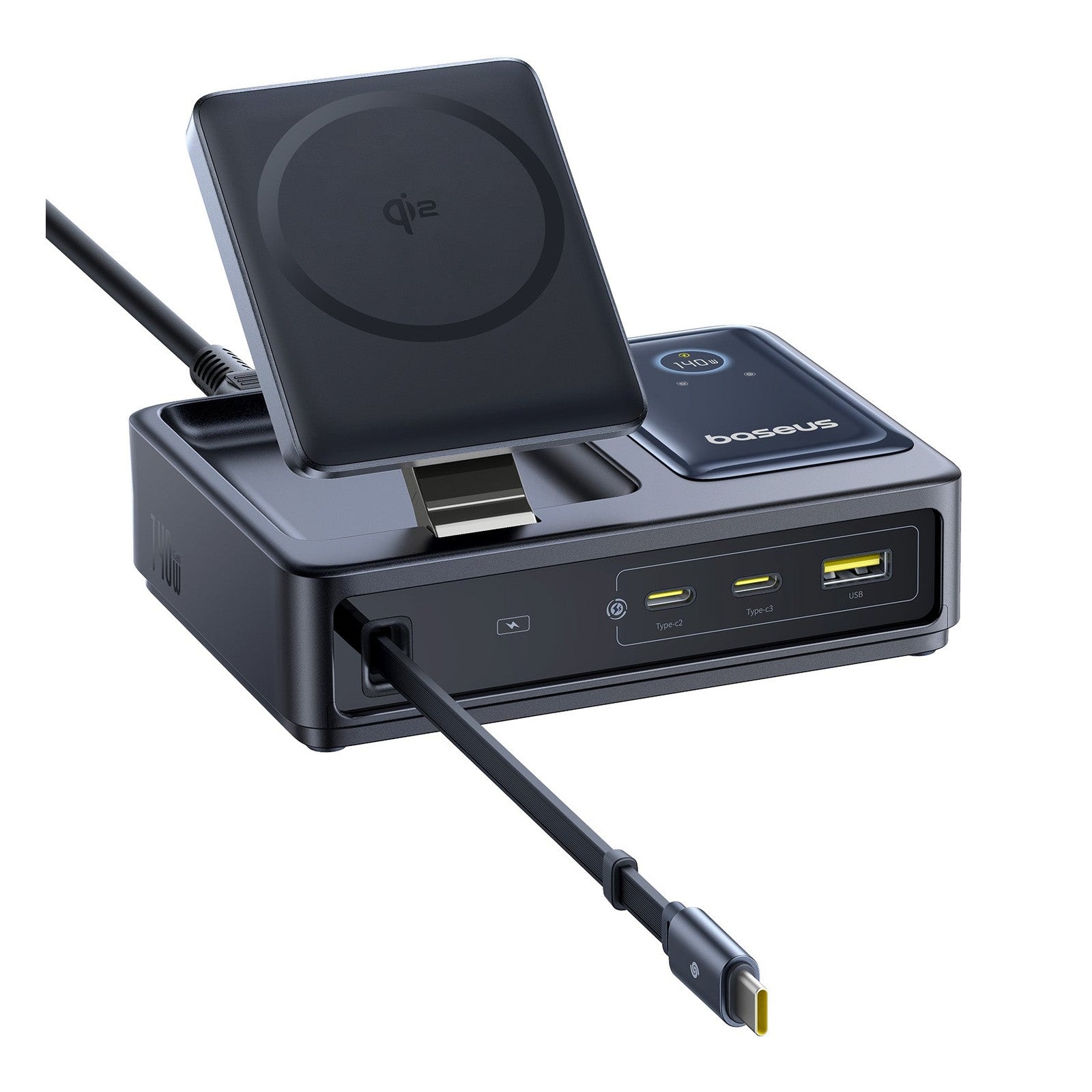 Bezdrátová nabíječka Baseus Nomos Qi2 140W USB, 2xUSB-C, s navíjecím kab. USB-C/síťový kab. 1m černá