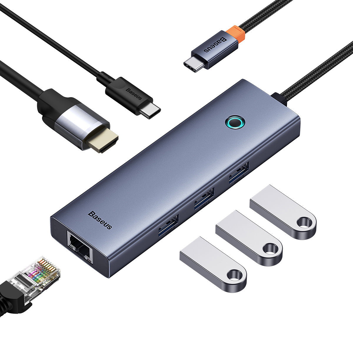 Dokovací stanice 6v1 Baseus Ultra Joy 100W 1xUSB-C, 3xUSB, 1xHDMI, 1xRJ45 šedá