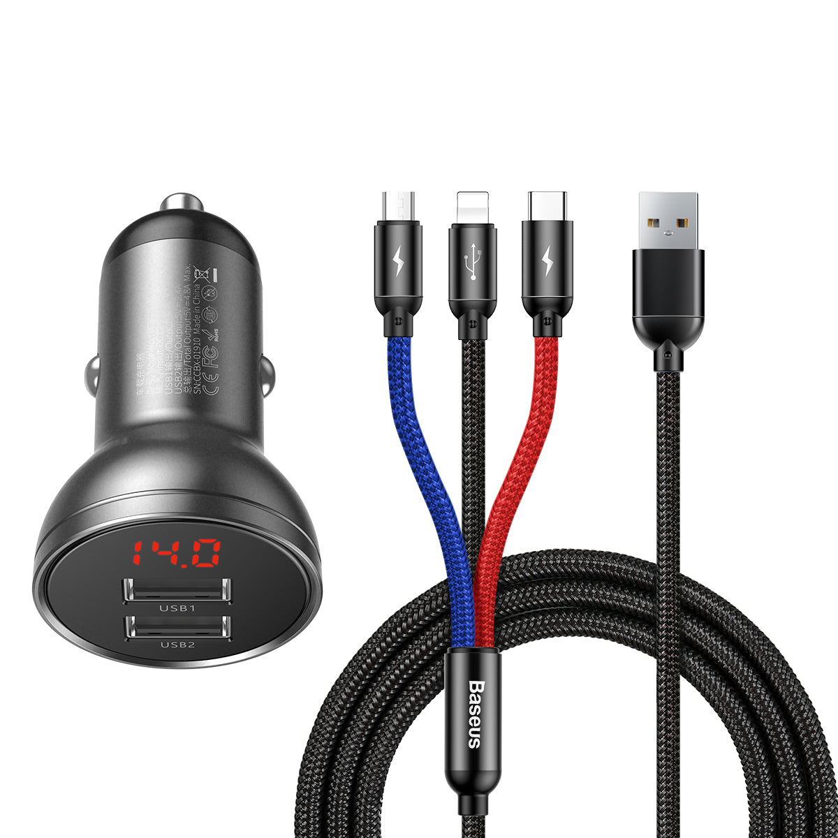 Nabíječka do auta Baseus s kabelem 3v1(microUSB/USB-C/Lightning) 24W 2xUSB černá
