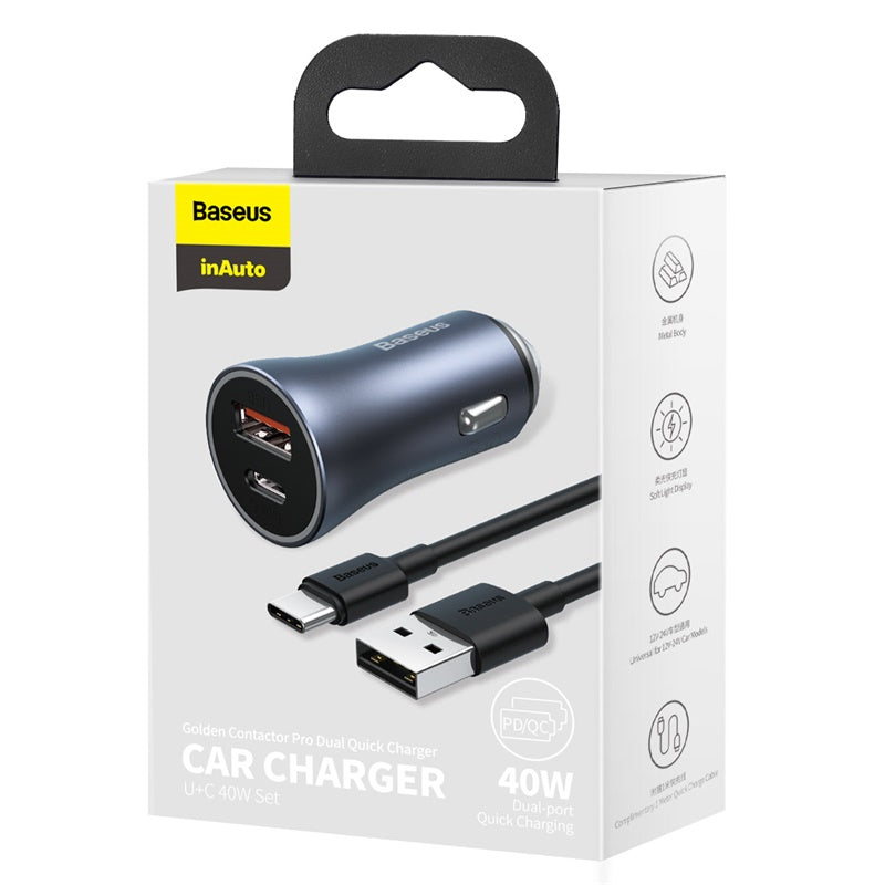 Nabíječka do auta Baseus Golden Contactor Pro s kabelem USB-C 1m 40W 1x USB, 1x USB-C šedá