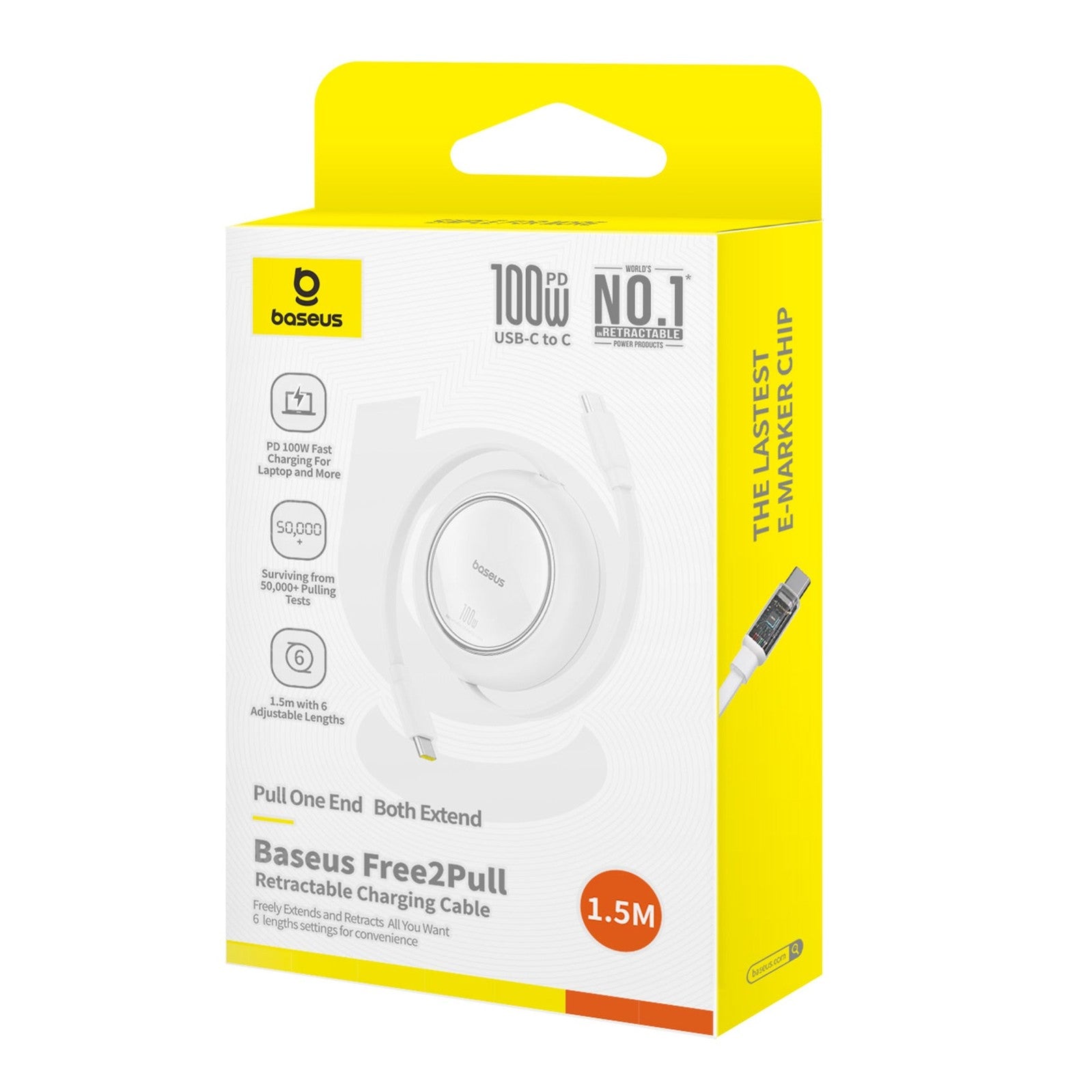 Navíjecí kabel Baseus Free2Pull USB-C/USB-C s nastavitelnou délkou až 1m 100W bílý