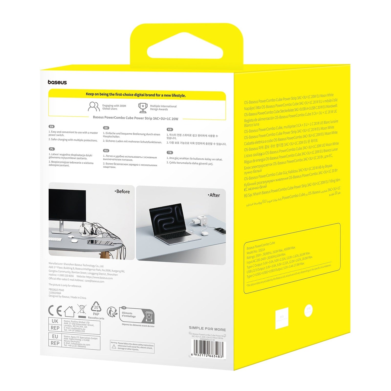 Nabíjecí stanice Baseus PowerCombo Cube 20W, 3x zásuvka, 3xUSB, 1xUSB-C bílá
