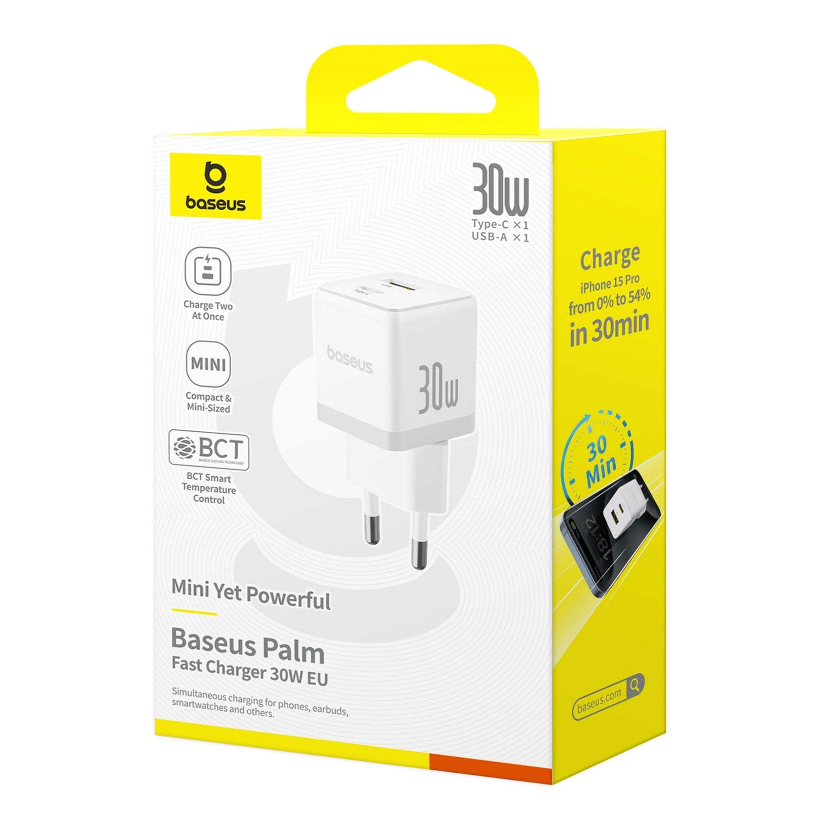 Nabíječka do sítě Baseus Palm 30W, 1xUSB, 1xUSB-C bílá