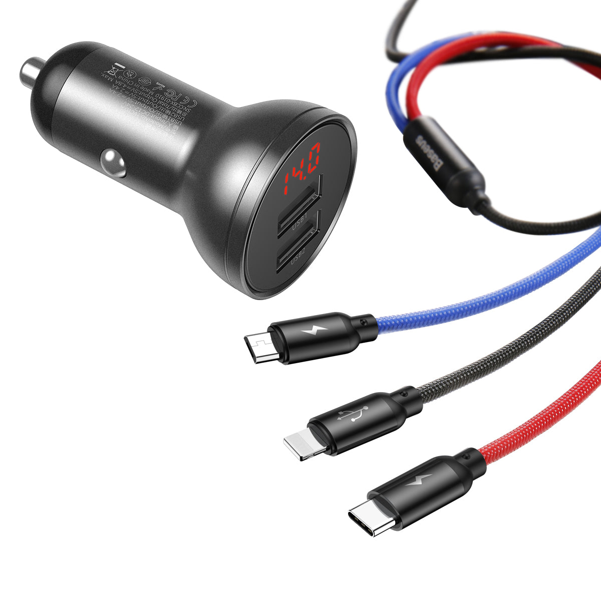 Nabíječka do auta Baseus s kabelem 3v1(microUSB/USB-C/Lightning) 24W 2xUSB černá