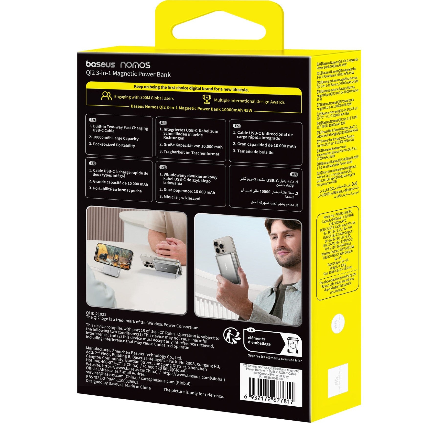 Powerbanka Baseus Nomos Qi2 10000mAh, 45W, s kabelem USB-C šedá