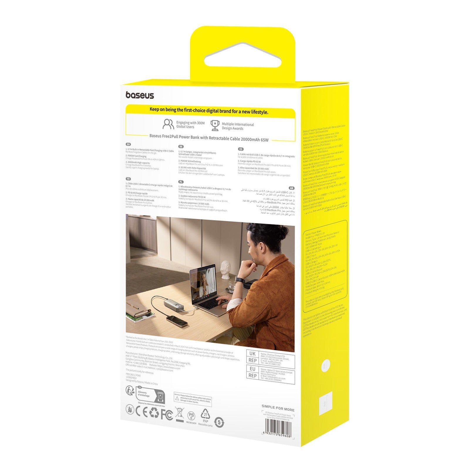 Powerbanka Baseus Free2Pull 20000mAh, 65W, s kabelem USB-C bílá