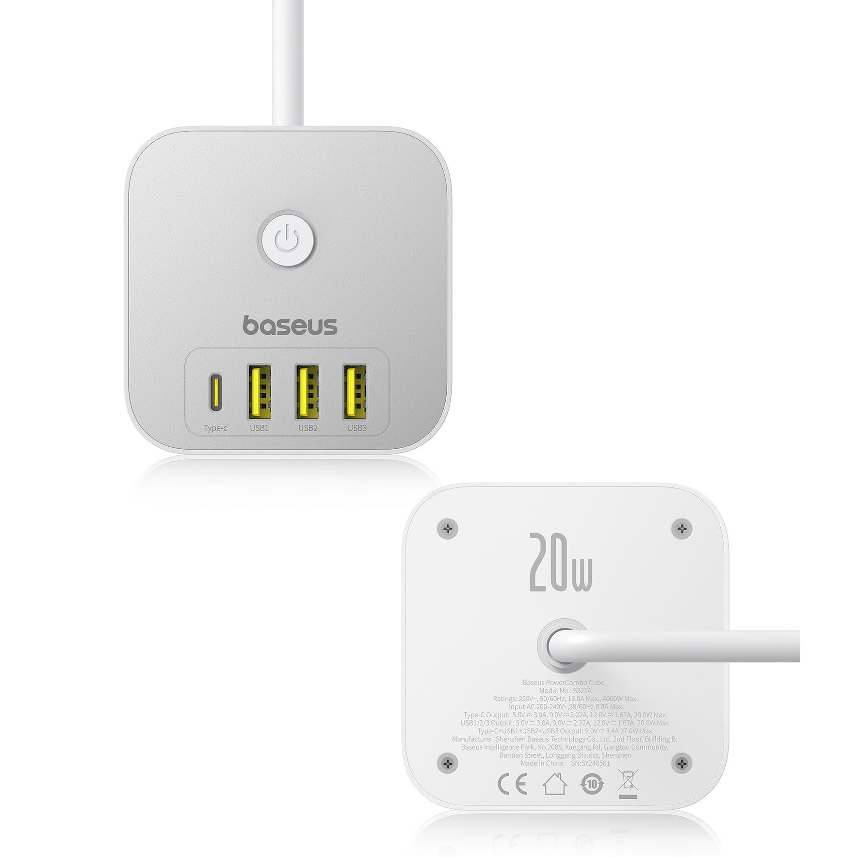 Nabíjecí stanice Baseus PowerCombo Cube 20W 3xzásuvka, 3xUSB, 1xUSB-C bílá