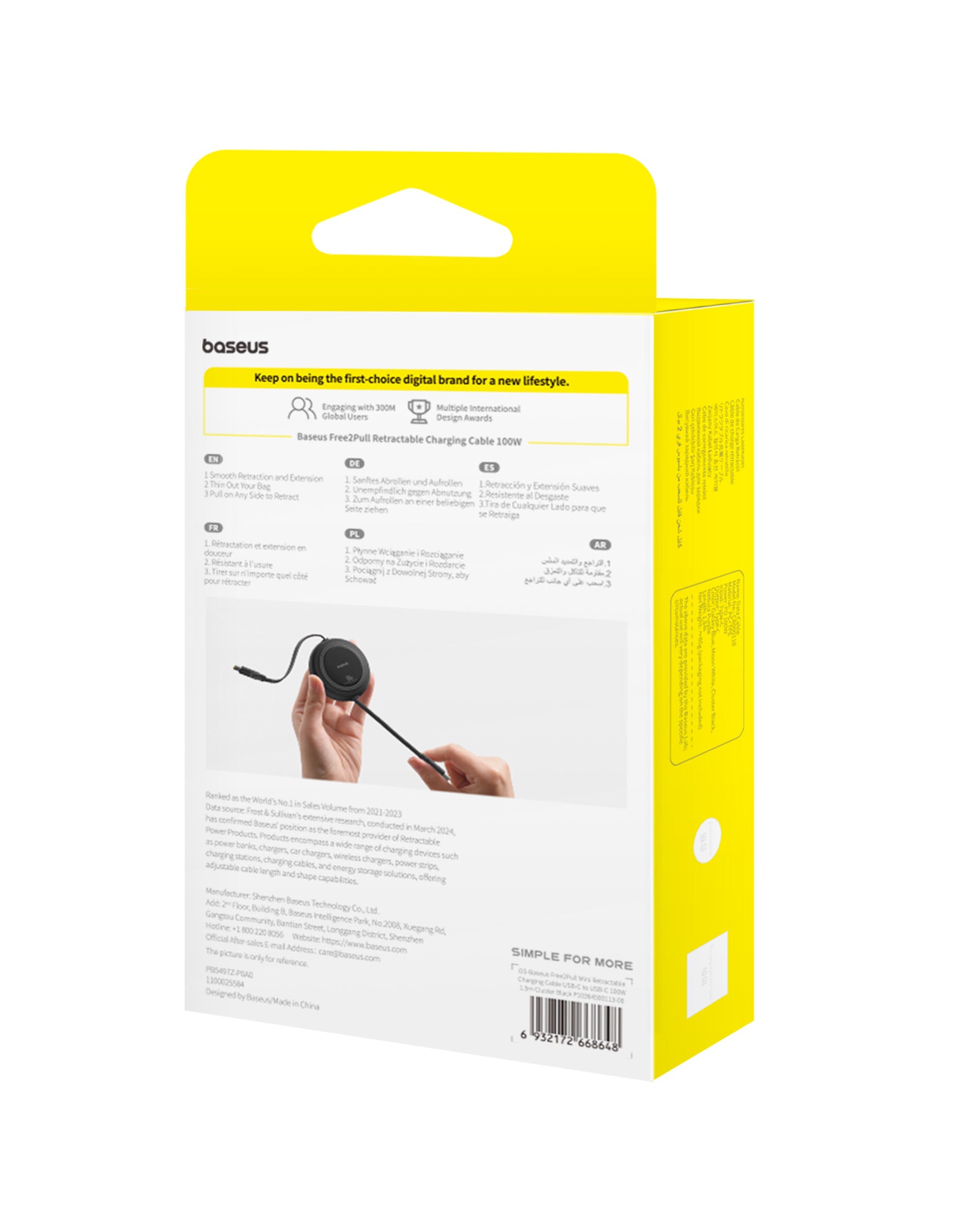 Navíjecí kabel Baseus Free2Pull USB-C/USB-C s nastavitelnou délkou až 1m 100W černý