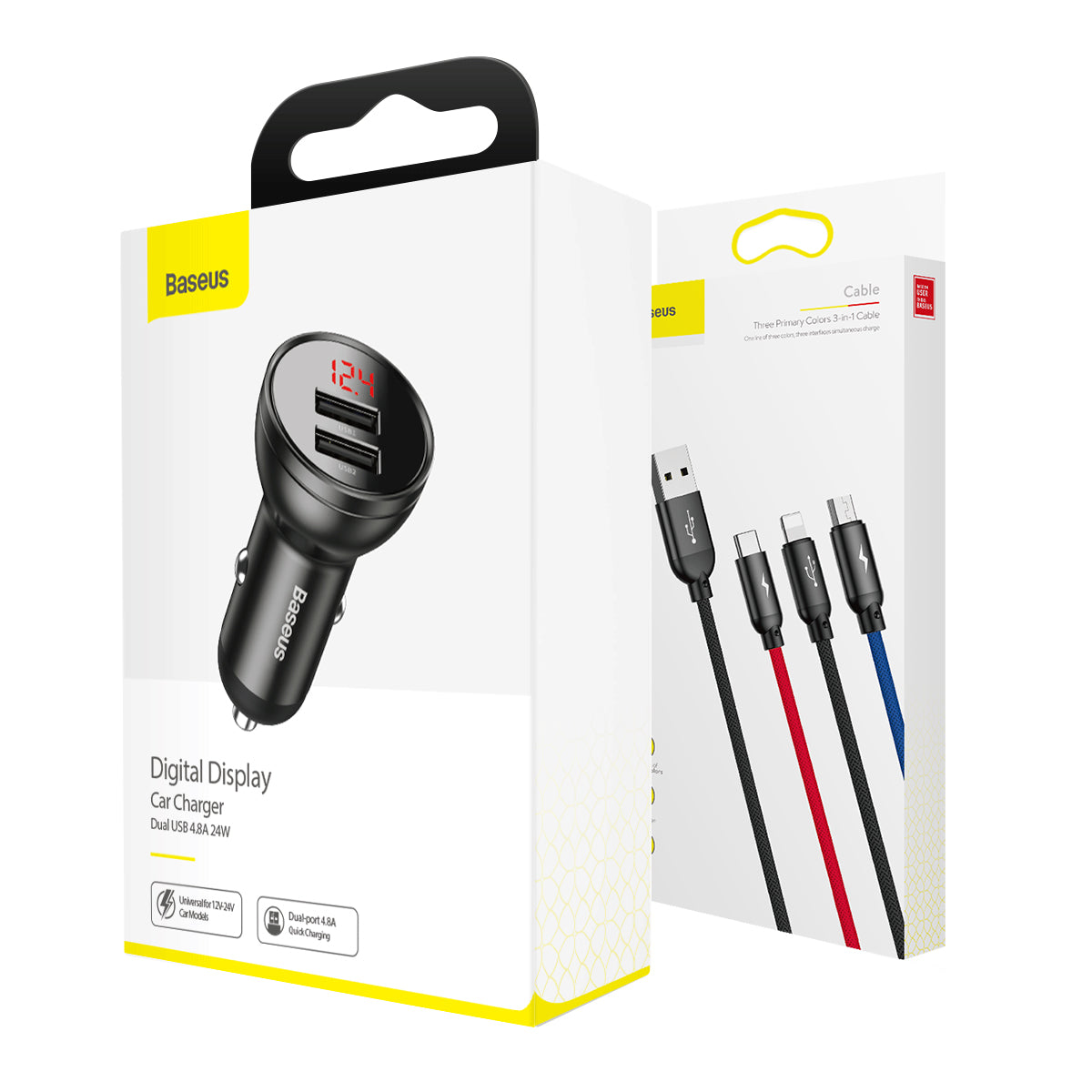 Nabíječka do auta Baseus s kabelem 3v1(microUSB/USB-C/Lightning) 24W 2xUSB černá