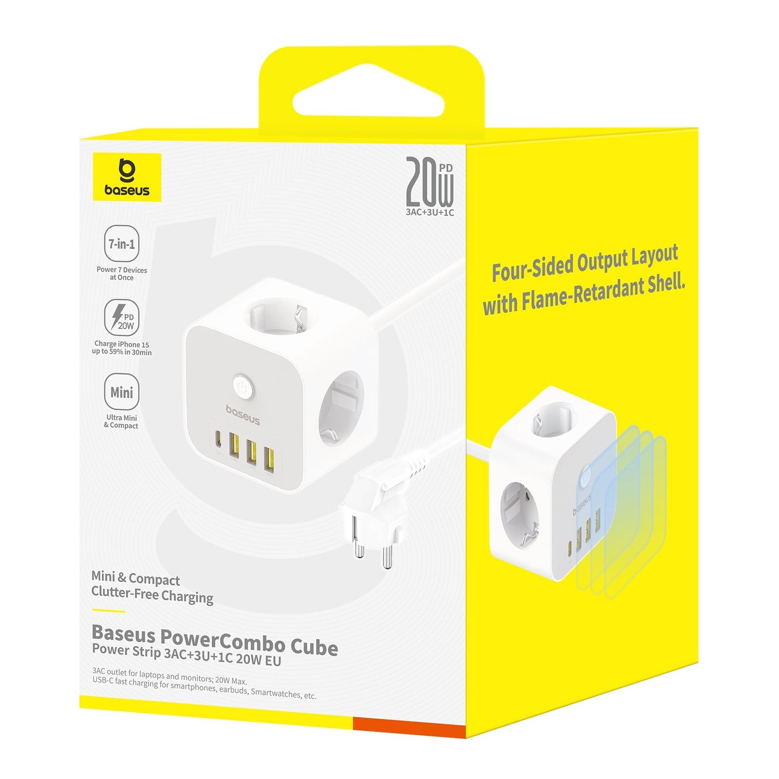 Nabíjecí stanice Baseus PowerCombo Cube 20W, 3x zásuvka, 3xUSB, 1xUSB-C bílá