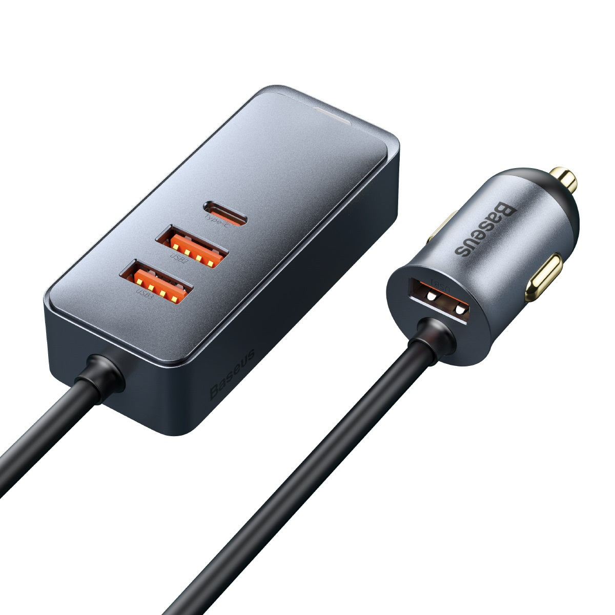 Nabíječka do auta Baseus s prodlužovacím kabelem 1,5m 120W 3xUSB, 1xUSB-C šedá