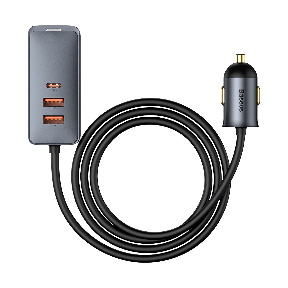 Nabíječka do auta Baseus s prodlužovacím kabelem 1,5m 120W 3xUSB, 1xUSB-C šedá