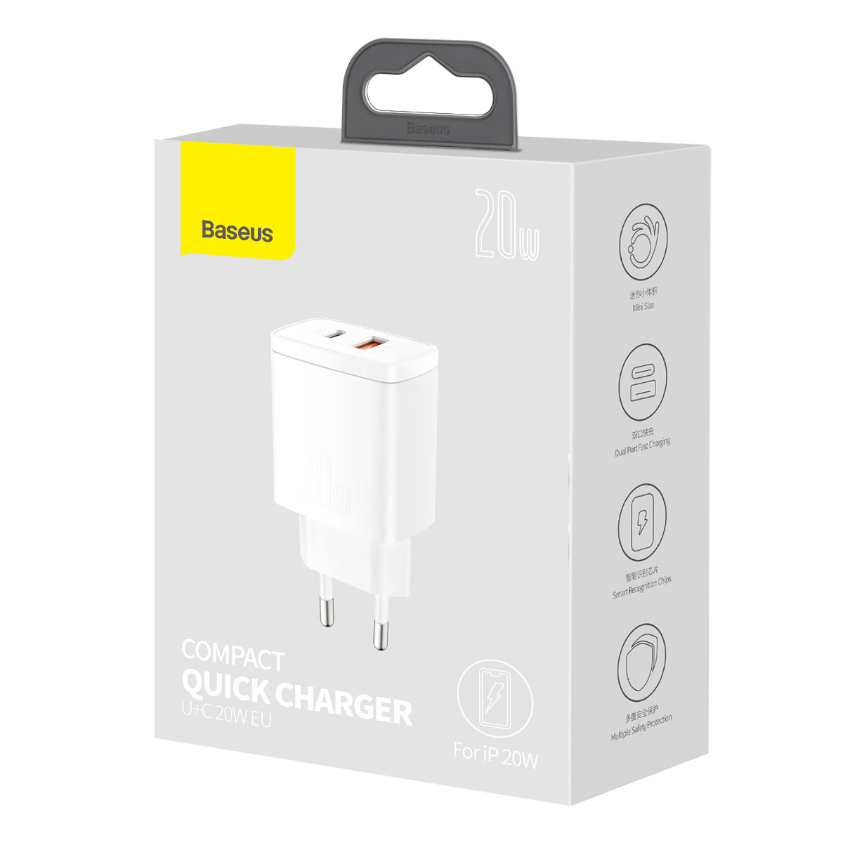 Nabíječka do sítě Baseus Compact 20W, 1xUSB, 1xUSB-C bílá