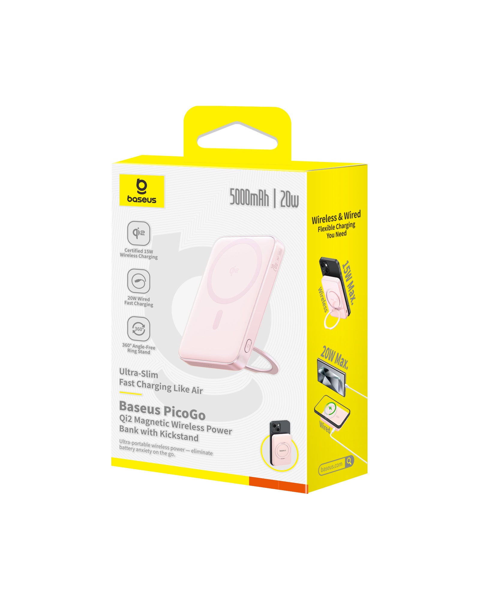 Bezdrátová powerbanka Baseus PicoGo Qi2 5000mAh, 20W růžová