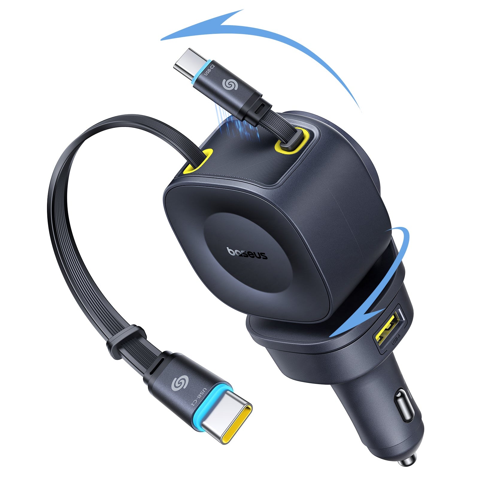 Zatahovací Nabíječka do auta Baseus PrimeTrip VR2 Max 100W s navíjecími kabely 2x USB-C, 1xUSB-C, 1x USB