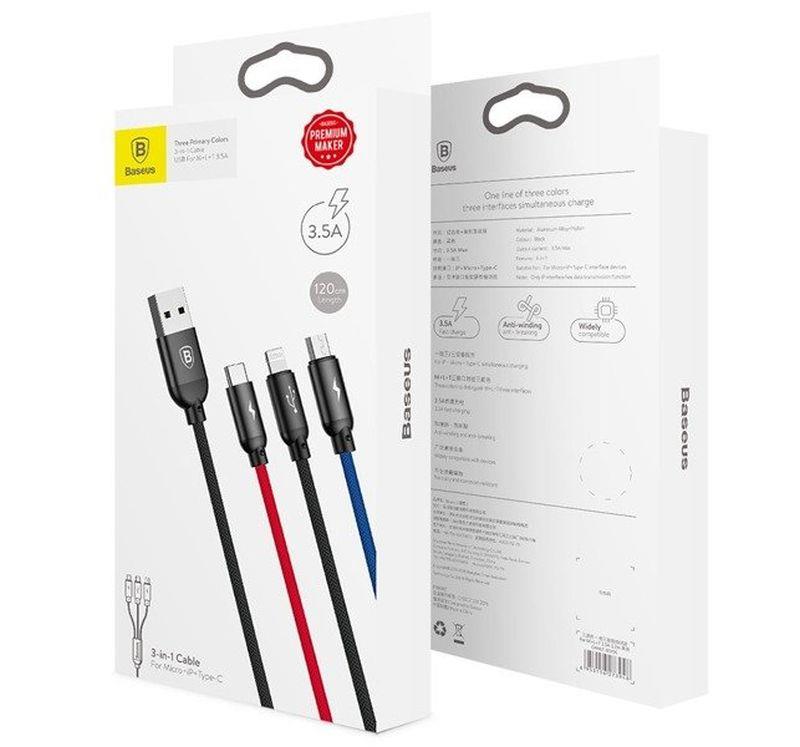 Kabel Baseus 3v1 USB/microUSB, Lightning, USB-C - balíní
