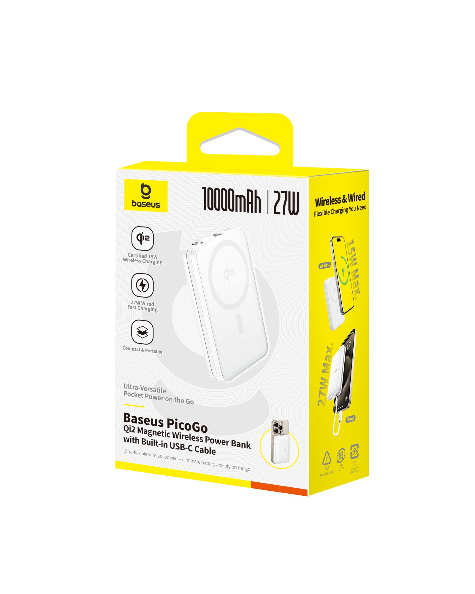 Powerbanka Baseus PicoGo Qi2 10000mAh, 27W, s kabelem USB-C bílá 