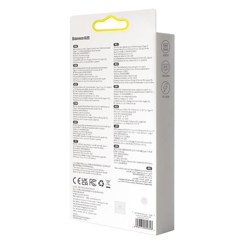 Dokovací stanice 5v1 Baseus Metal Gleam 100W 1xUSB-C, 3xUSB, 1xHDMI šedá