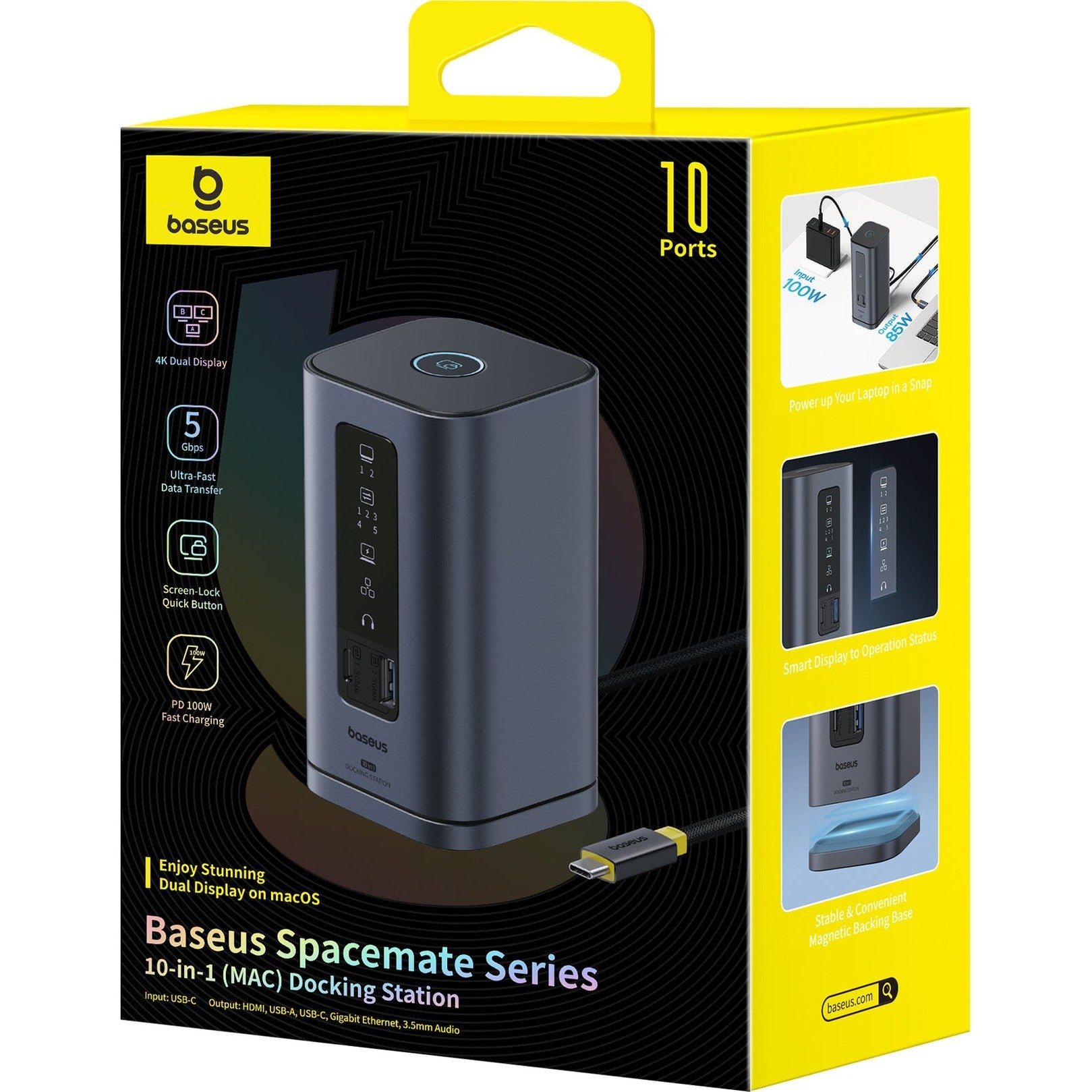 Dokovací stanice 10v1 Baseus Spacemate 100W 2xUSB-C, 4xUSB, 2xHDMI, 1xRJ45, 3,5mm jack šedá