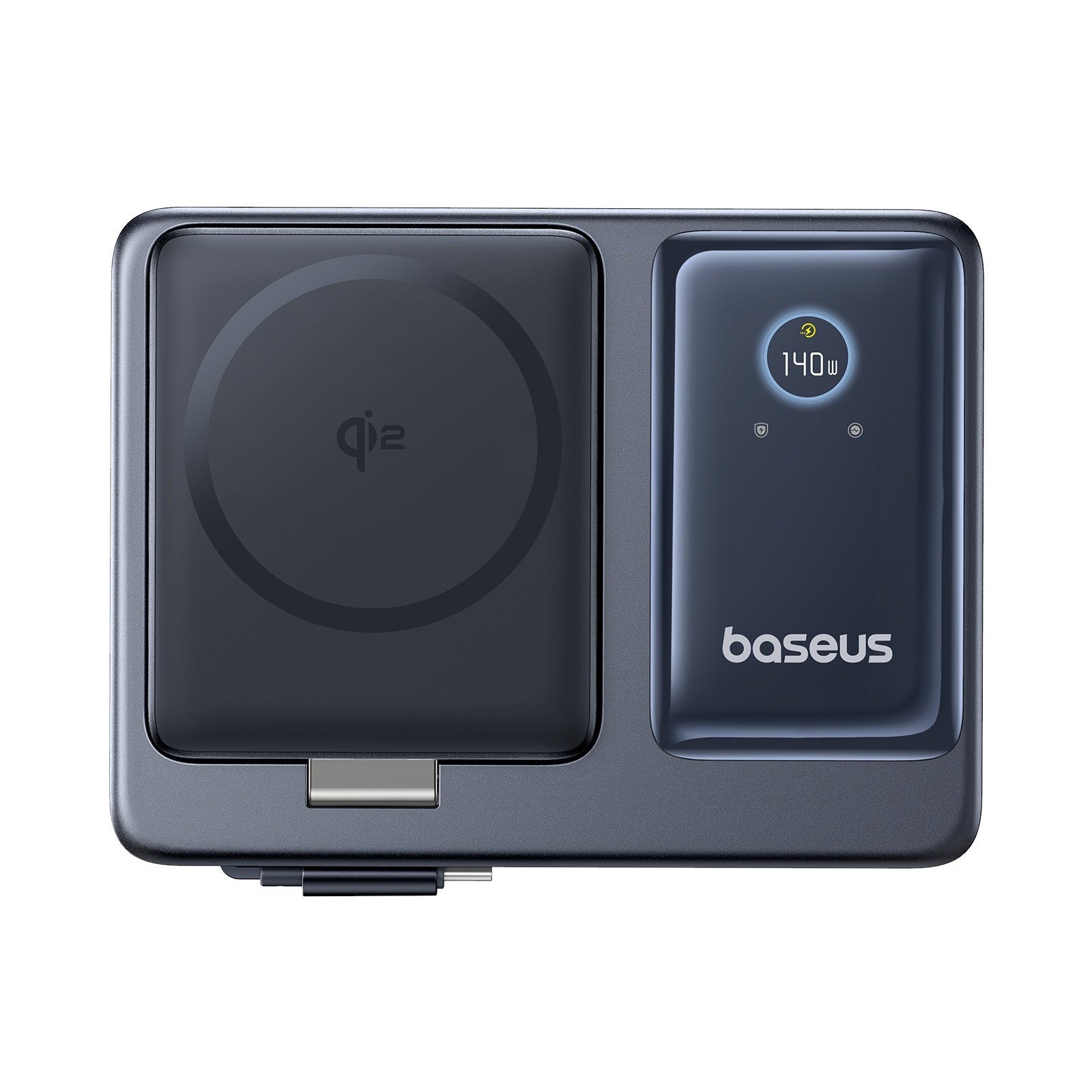 Bezdrátová nabíječka Baseus Nomos Qi2 140W USB, 2xUSB-C, s navíjecím kab. USB-C/síťový kab. 1m černá