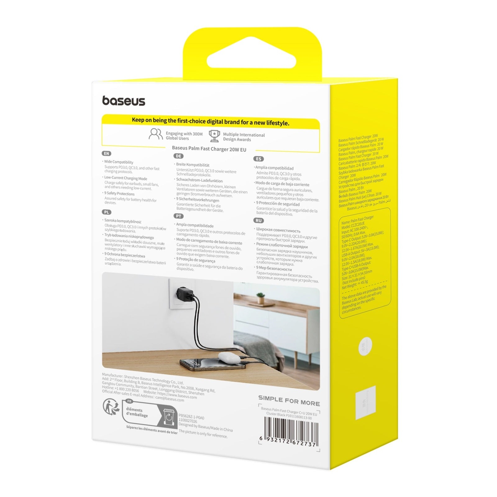 Nabíječka do sítě Baseus Palm 20W, 1xUSB, 1xUSB-C černá