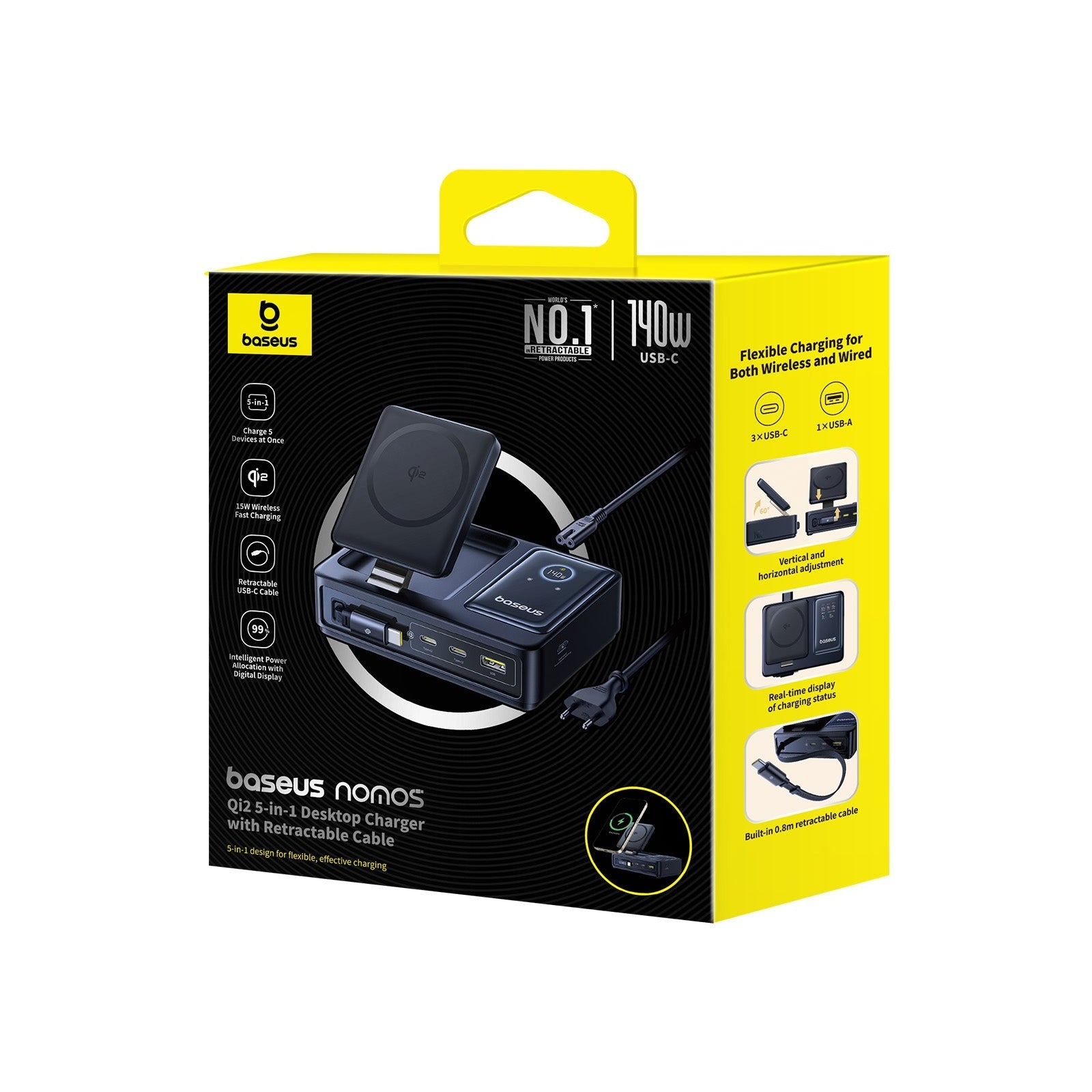 Bezdrátová nabíječka Baseus Nomos Qi2 140W USB, 2xUSB-C, s navíjecím kab. USB-C/síťový kab. 1m černá