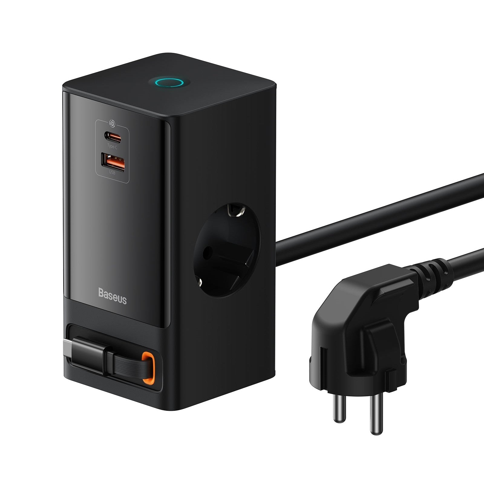 Nabíjecí stanice Baseus PowerCombo 65W 2xzásuvka,1xUSB,1xUSB-C,1xnavíjecí kabel USB-C černá