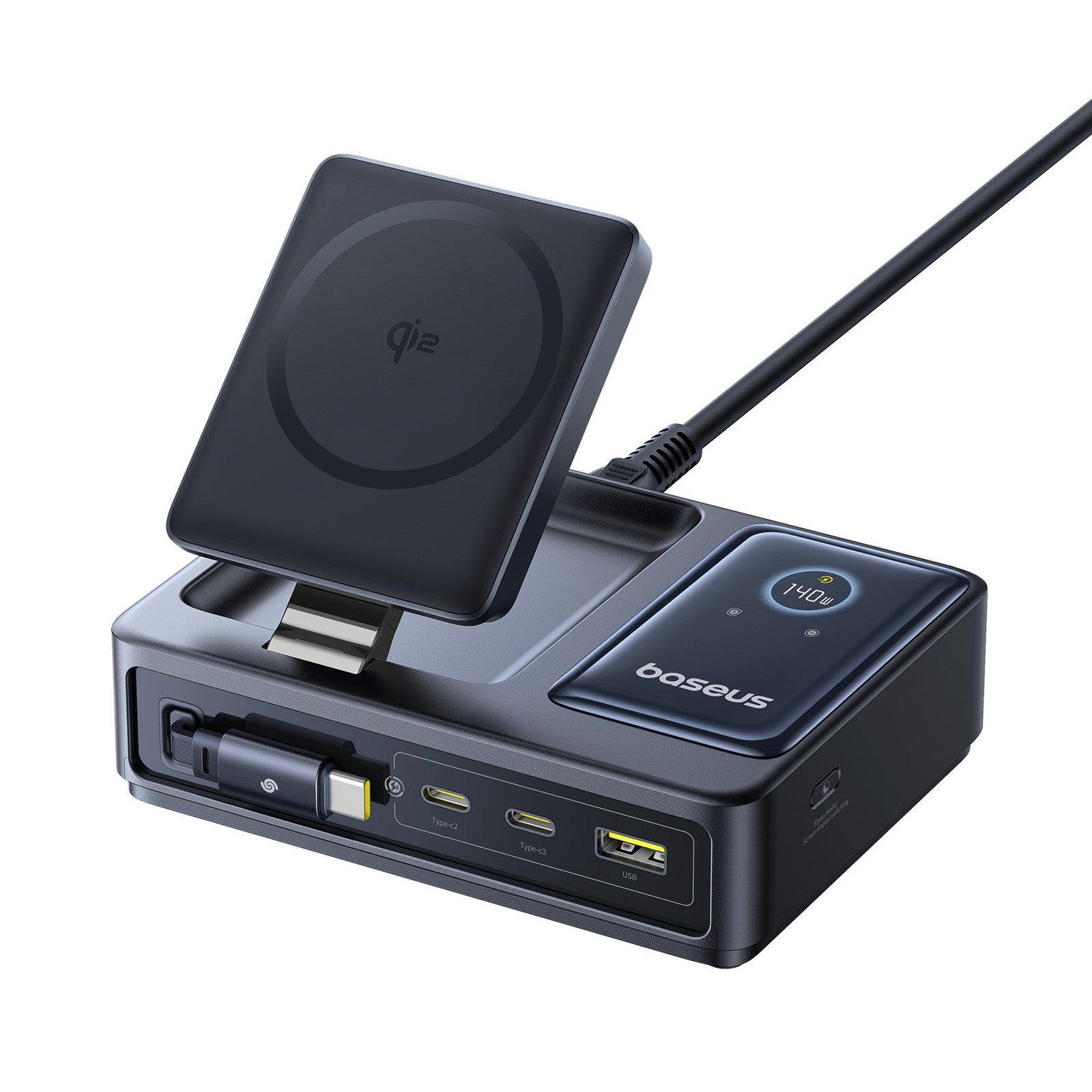 Bezdrátová nabíječka Baseus Nomos Qi2 140W USB, 2xUSB-C, s navíjecím kab. USB-C/síťový kab. 1m černá