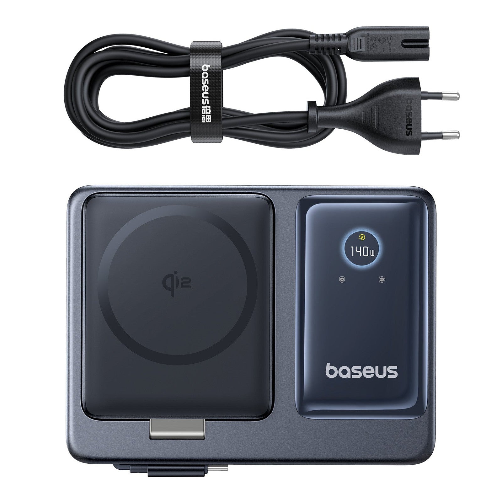 Bezdrátová nabíječka Baseus Nomos Qi2 140W USB, 2xUSB-C, s navíjecím kab. USB-C/síťový kab. 1m černá