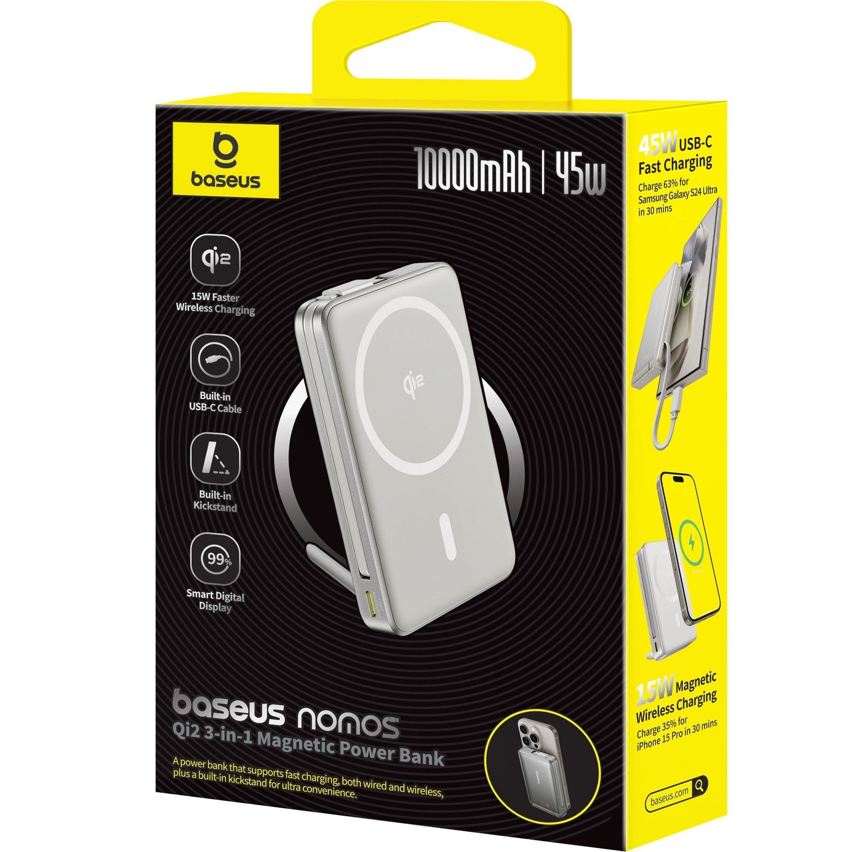 Powerbanka Baseus Nomos Qi2 10000mAh, 45W, s kabelem USB-C šedá