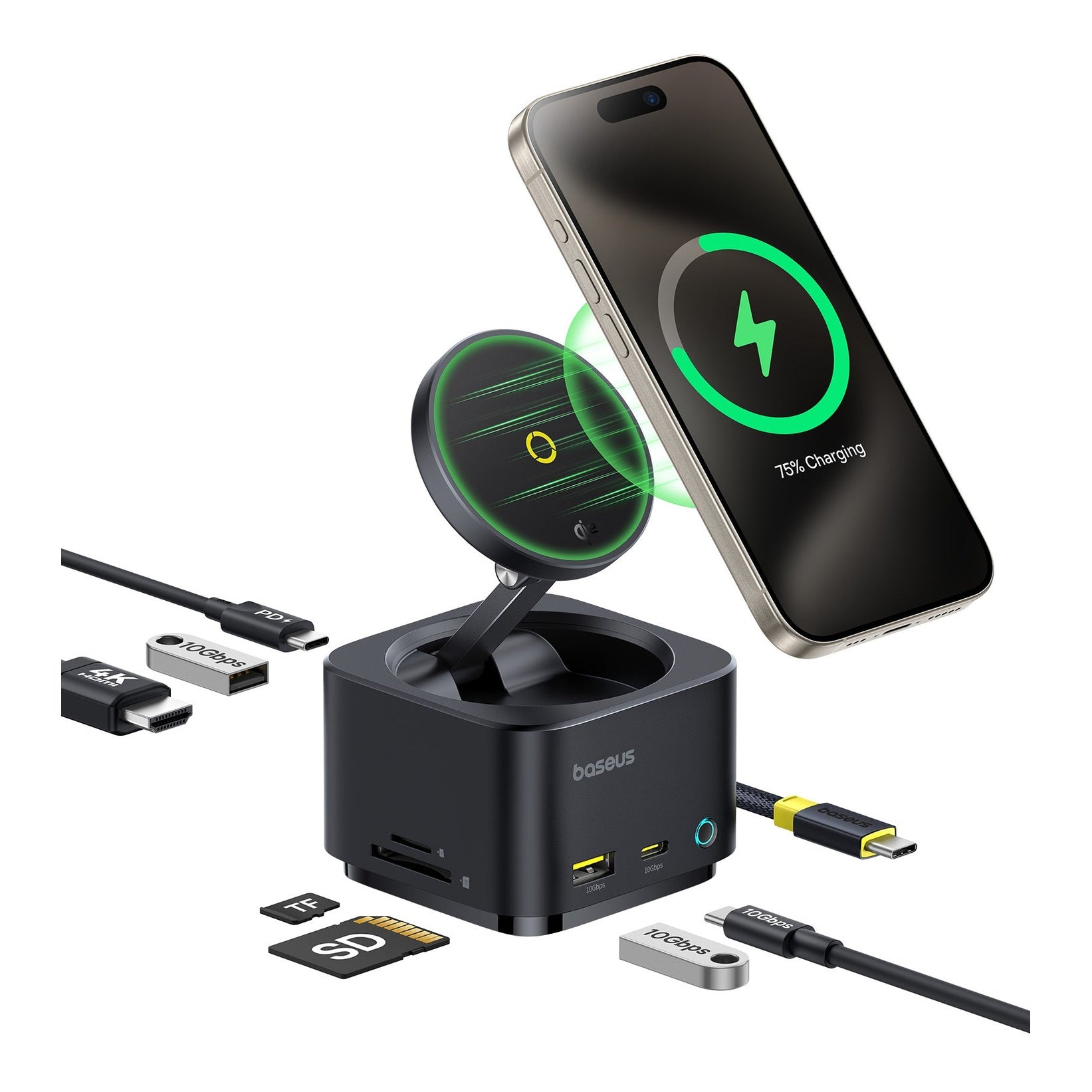 Dokovací stanice 7v1 Baseus MagPro 100W/15W Qi2, 2xUSB-C, 2xUSB, 1xHDMI, SD/microSD slot černá