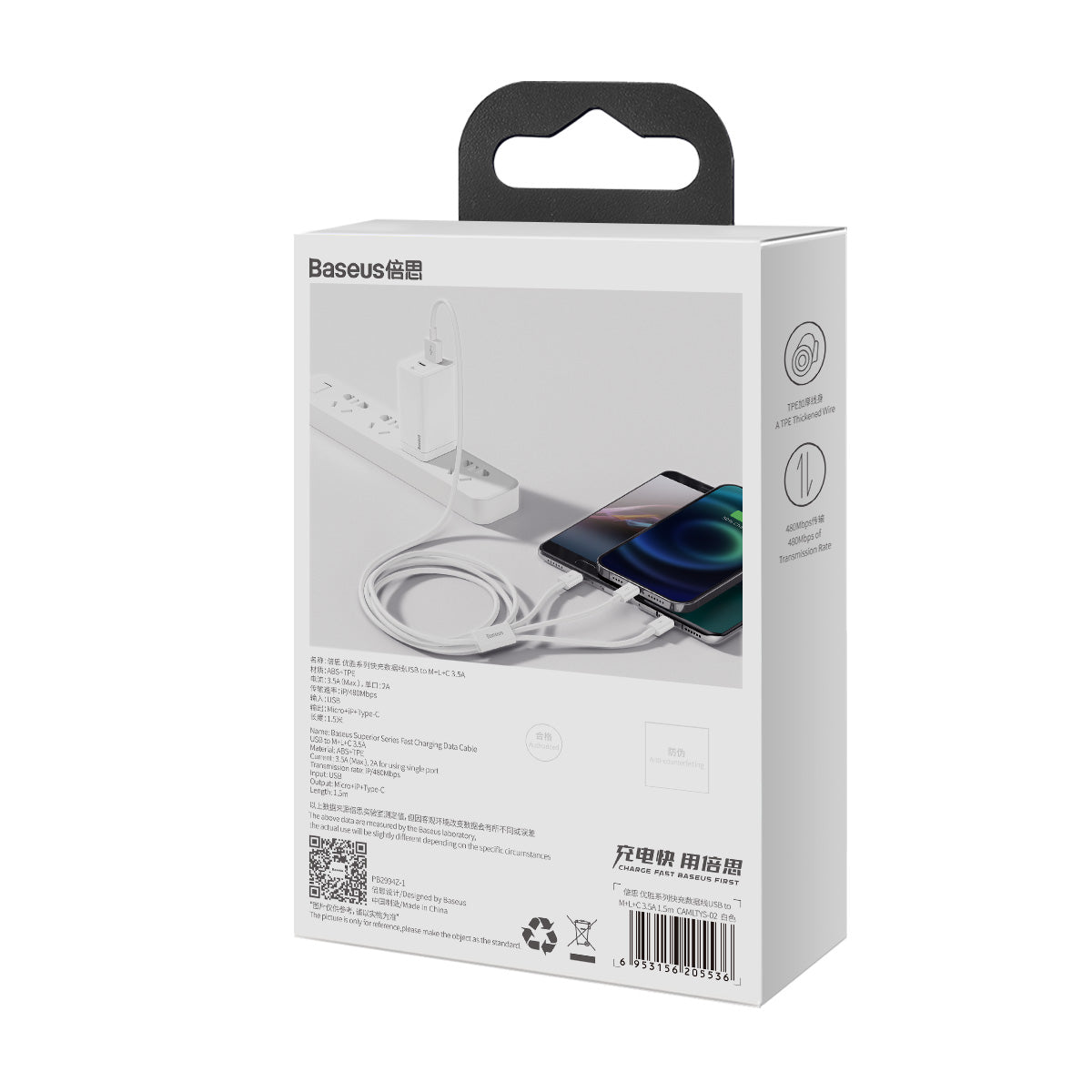 Kabel Baseus Superior 3v1 USB/microUSB, Lightning, USB-C 1,5m 3,5A bílý