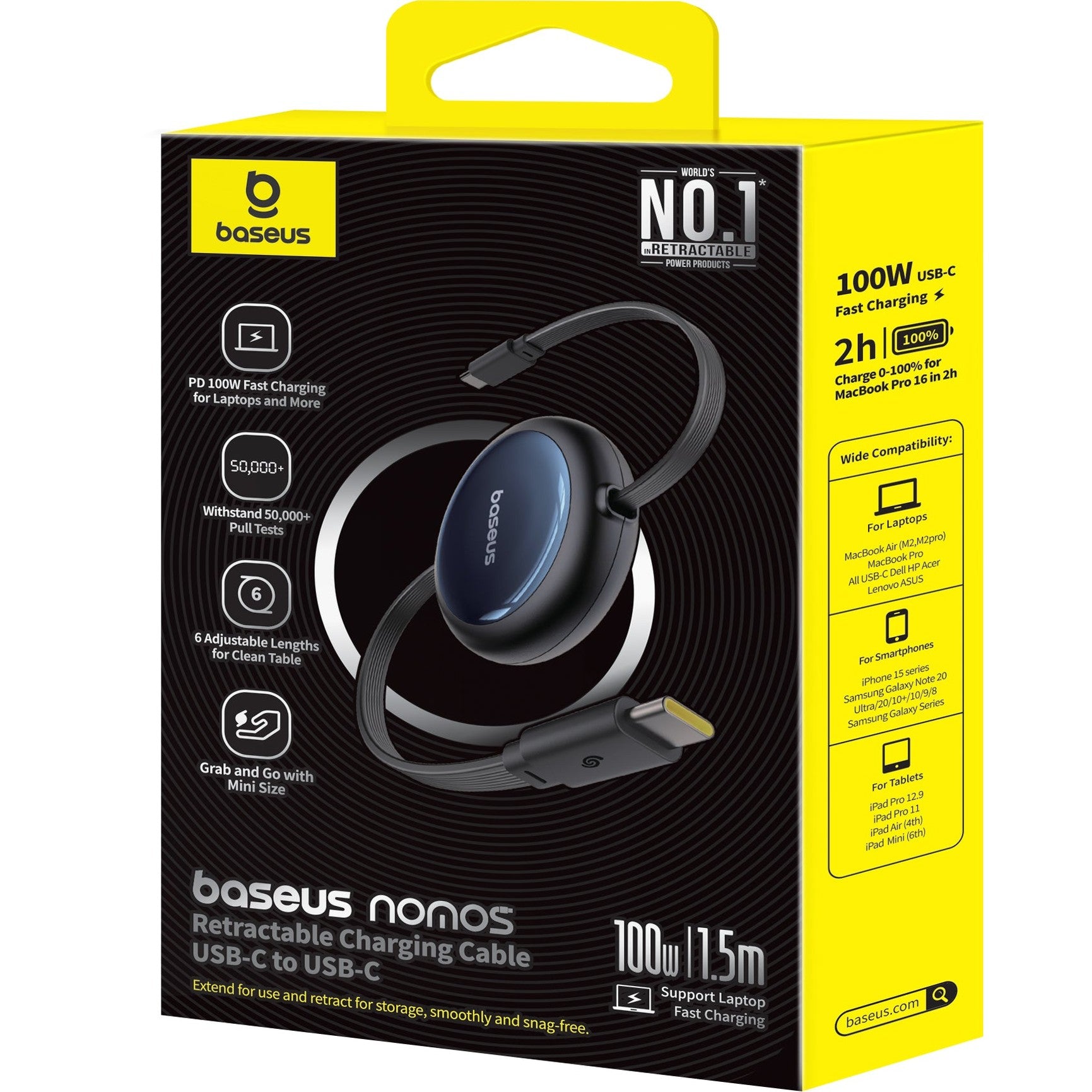 Navíjecí kabel Baseus Nomos USB-C/USB-C 1,5m 100W černý