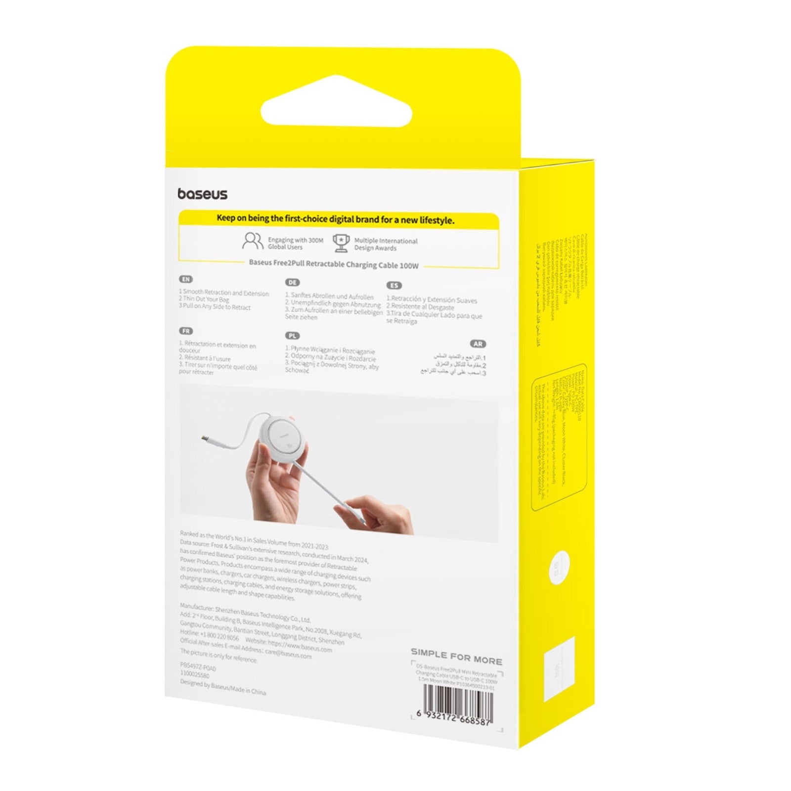 Navíjecí kabel Baseus Free2Pull USB-C/USB-C s nastavitelnou délkou až 1m 100W bílý