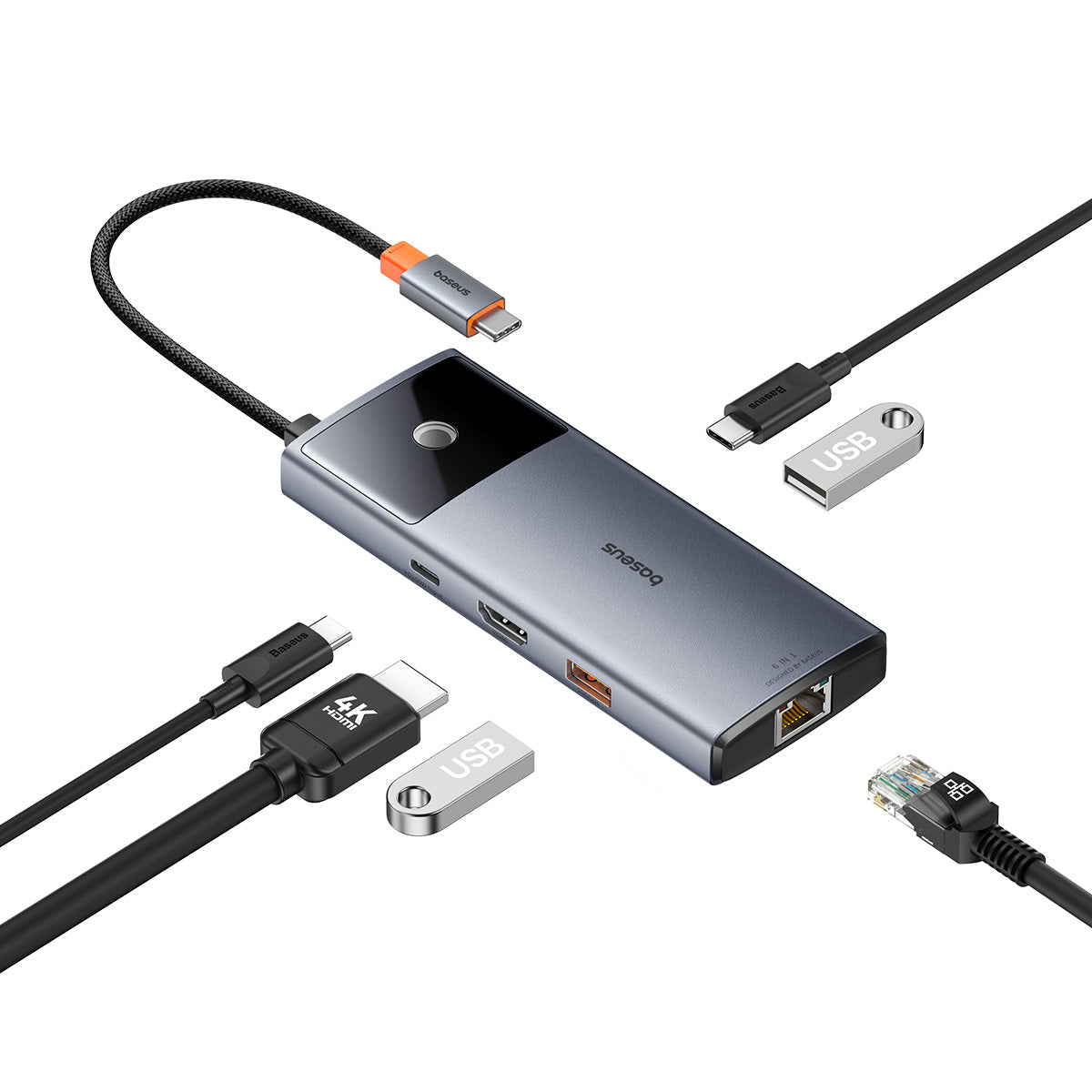 Dokovací stanice 6v1 Baseus Metal Gleam 2 100W 2xUSB-C, 2xUSB, 1xHDMI, 1xRJ45 šedá