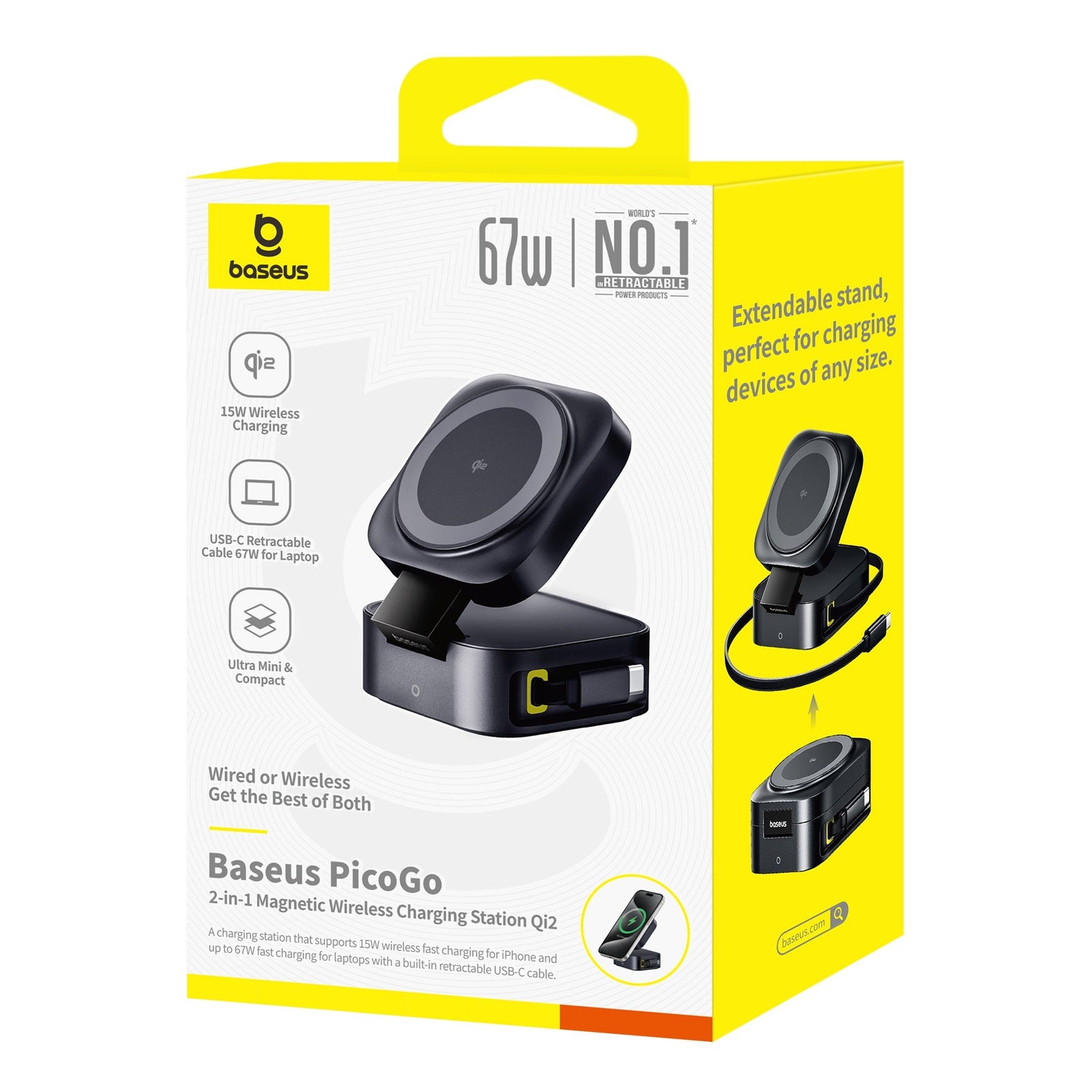 Bezdrátová nabíječka 2v1 Baseus PicoGo Series Qi2 67W kompatibilní s MagSafe černá