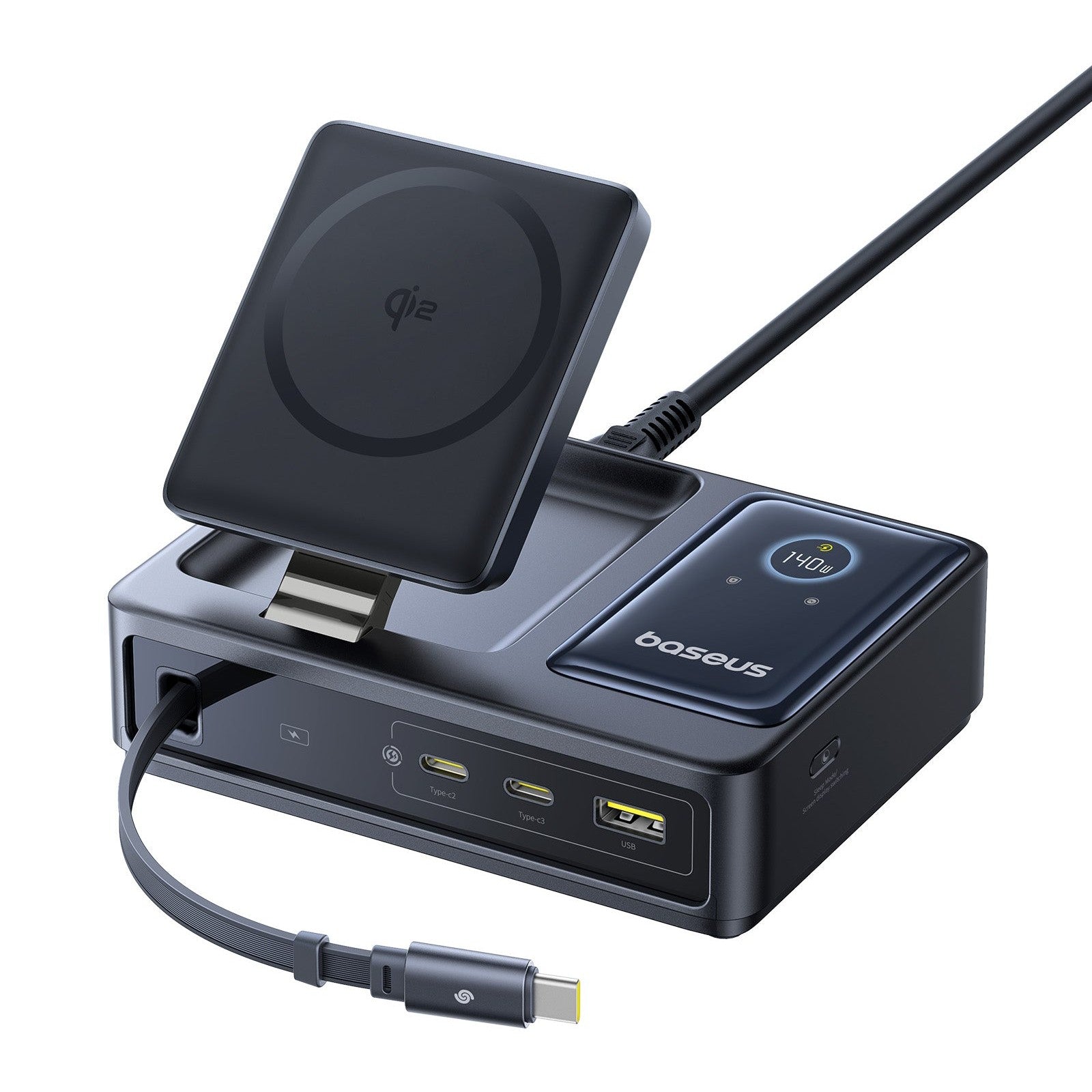 Bezdrátová nabíječka Baseus Nomos Qi2 140W USB, 2xUSB-C, s navíjecím kab. USB-C/síťový kab. 1m černá