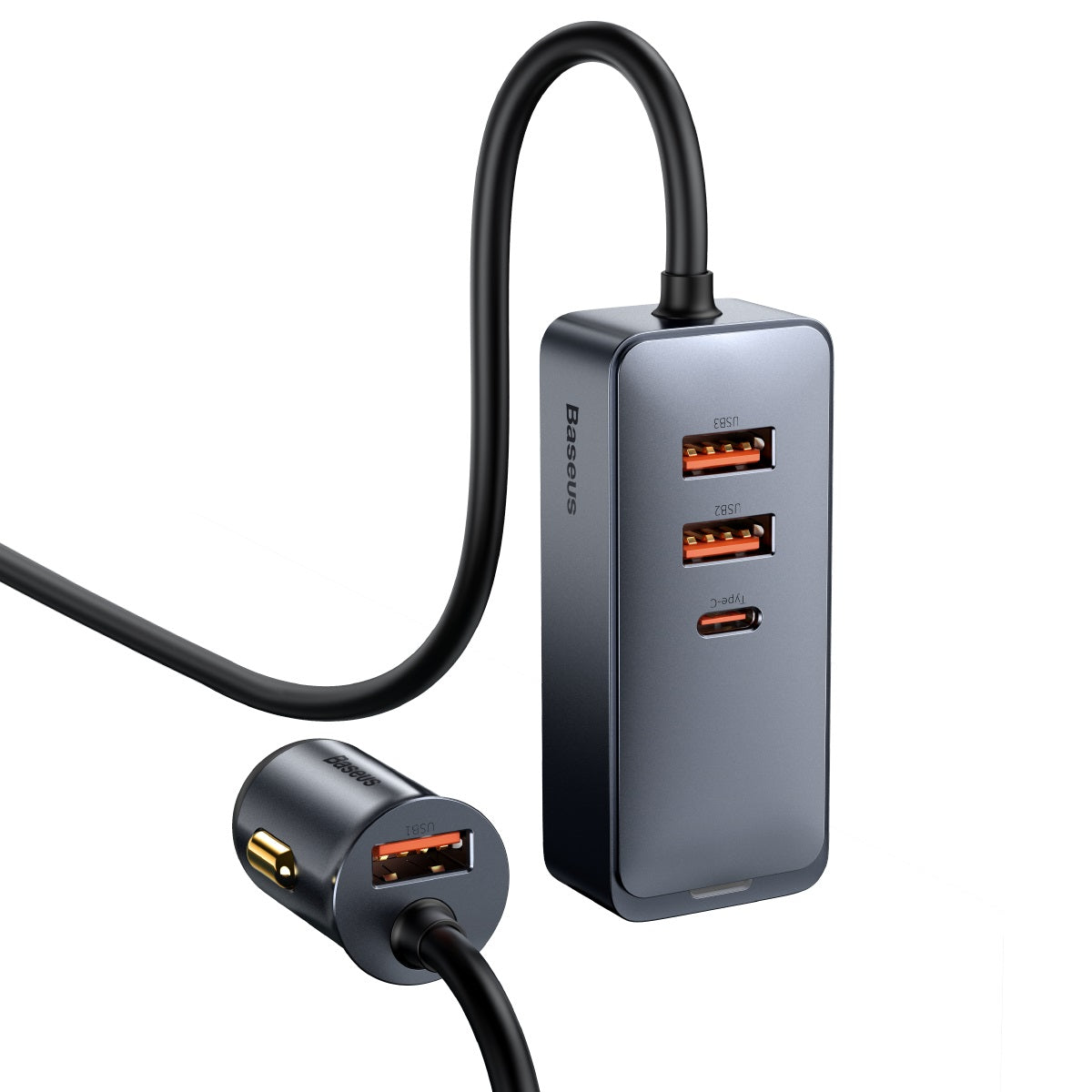 Nabíječka do auta Baseus s prodlužovacím kabelem 1,5m 120W 3xUSB, 1xUSB-C šedá