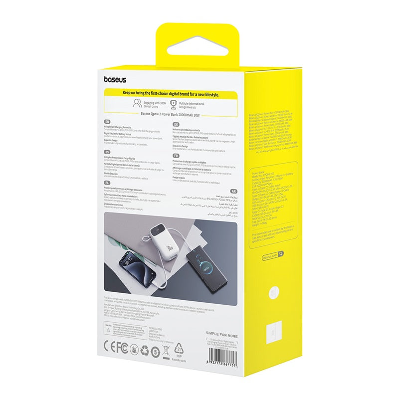 Powerbanka Baseus Qpow2 20000mAh, 30W, s kabelem USB-C bílá