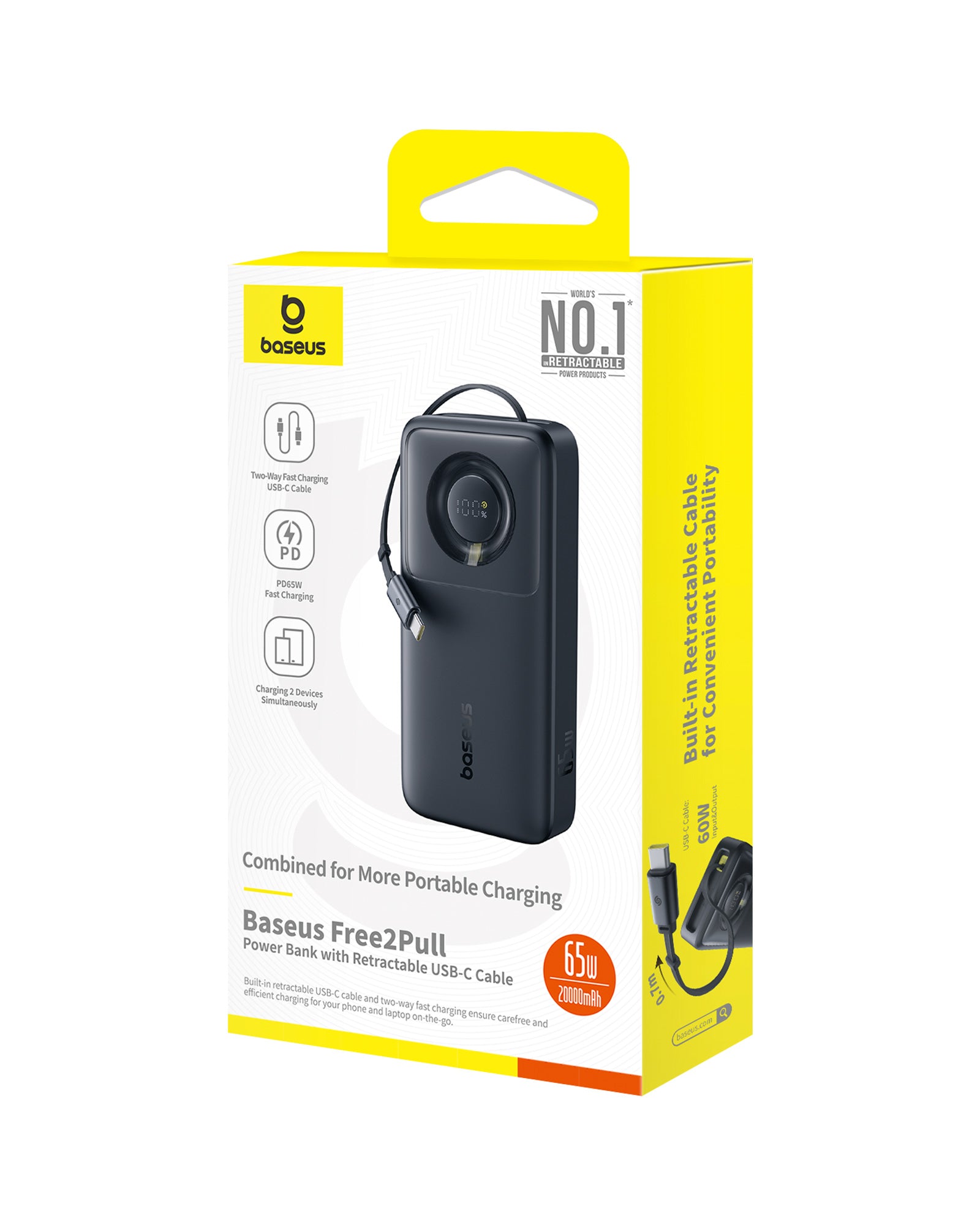 Powerbanka Baseus Free2Pull 20000mAh, 65W, s kabelem USB-C černá