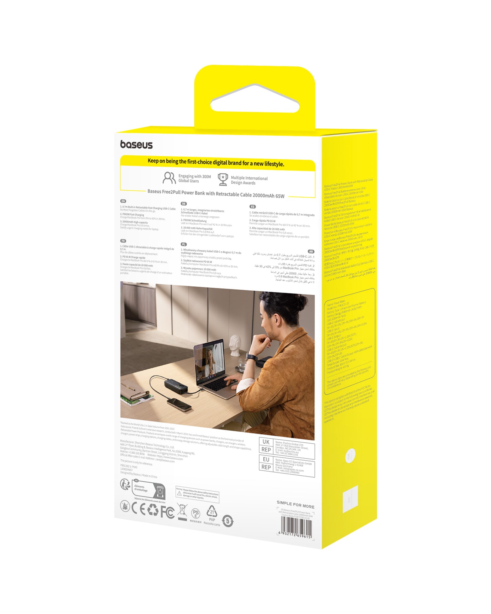 Powerbanka Baseus Free2Pull 20000mAh, 65W, s kabelem USB-C černá