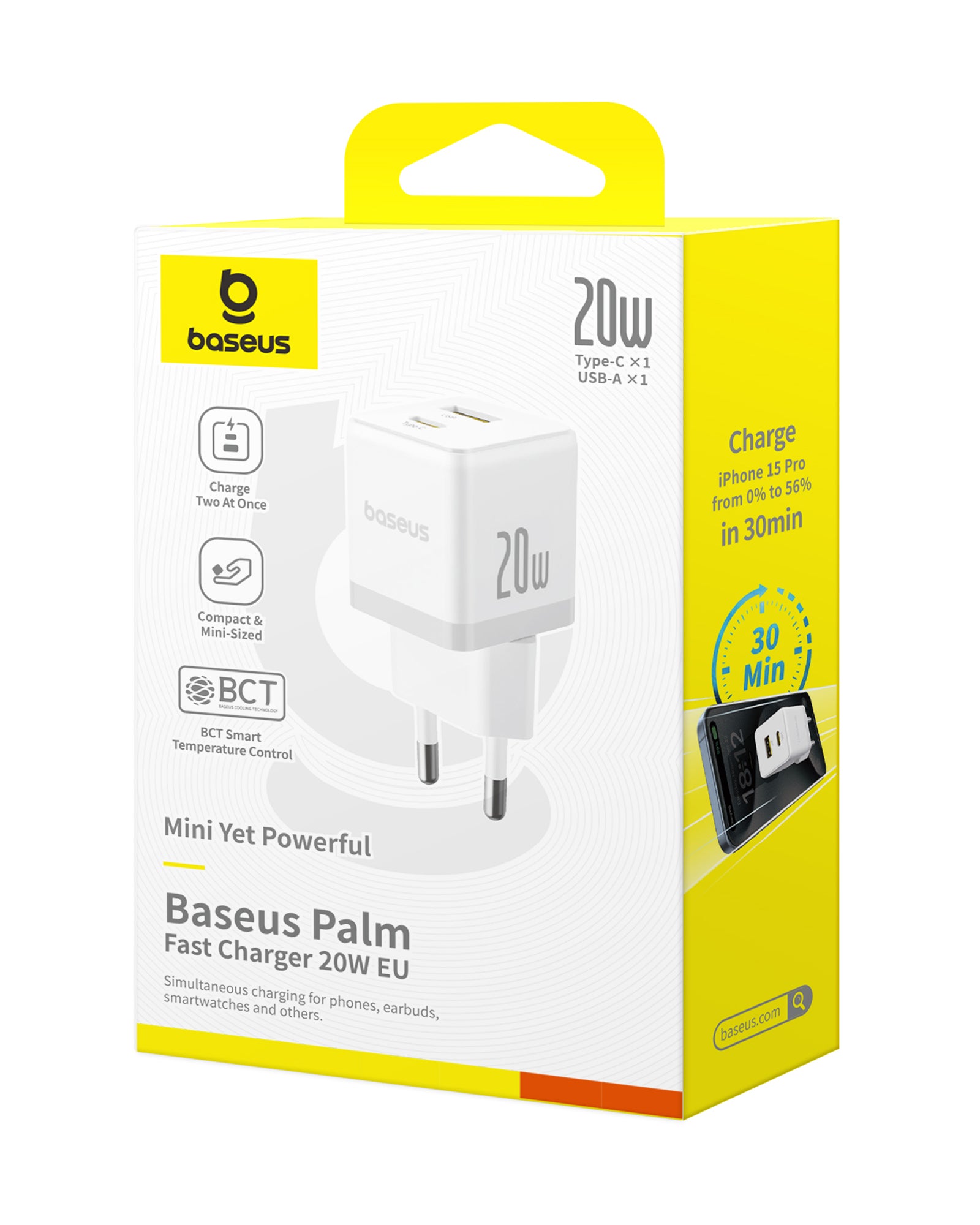 Nabíječka do sítě Baseus Palm 20W, 1xUSB, 1xUSB-C bílá