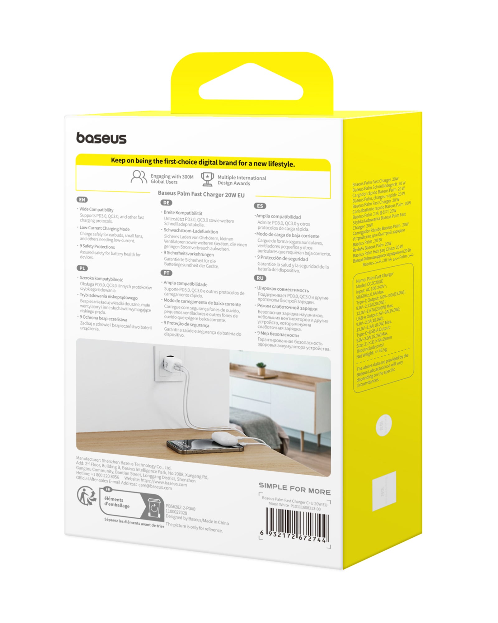 Nabíječka do sítě Baseus Palm 20W, 1xUSB, 1xUSB-C bílá